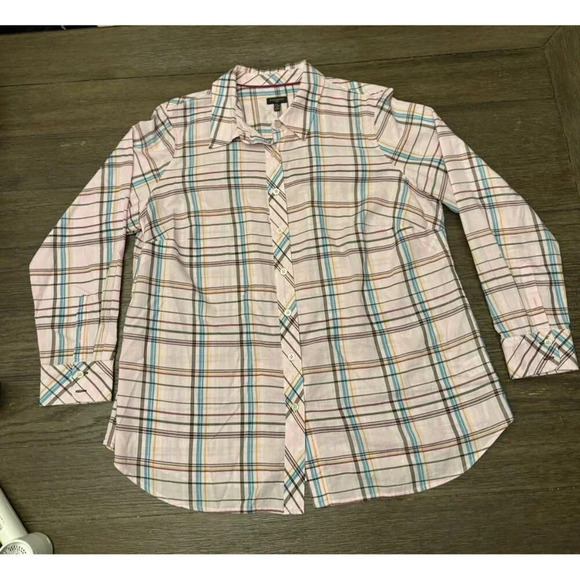 Talbots Plus Shirt Womens 1X Pink Blue Plaid Button Up Top Collared 4976 - Picture 1 of 3
